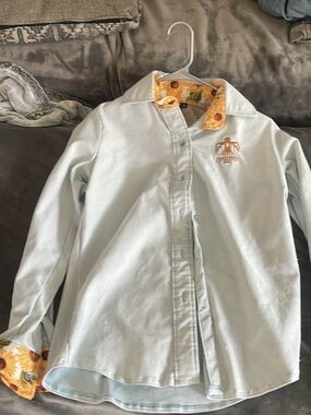 Women’s Light Blue Button-Down Shirt with Floral Trim